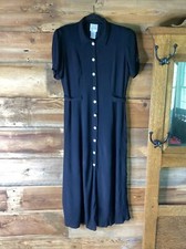 Bentley 90's Black Midi Dress Size Med Pearl Button Front Crinkle Rayon Grunge