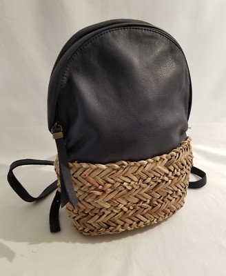 anthropologie black leather backpack Anthropologie Ann Kurz Aviva Raffia Backpack Black Leather Woven Straw Bag  New