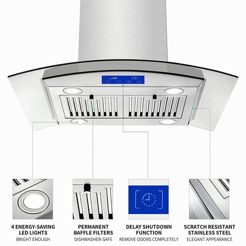 30Inch Stainless Steel Kitchen Island Range Hood 900CFM Touch Control
