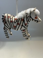 Vintage Handmade Zebra Animal Ornament Stuffed White Black Red Fabric Fuzzy