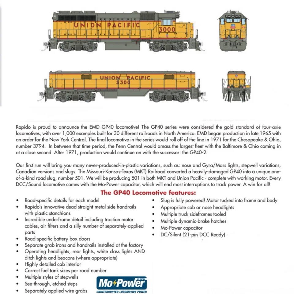 Rapido 40029 EMD GP40 Mother & Powered Slug Standard DC Silent UP #3000 + S300 - Image 2 of 2