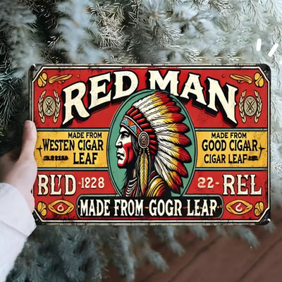 Retro TIN SIGN RED MAN CHEWING TOBACCO MAN CAVE OFFICE DEN WALL ADVERTISING 
