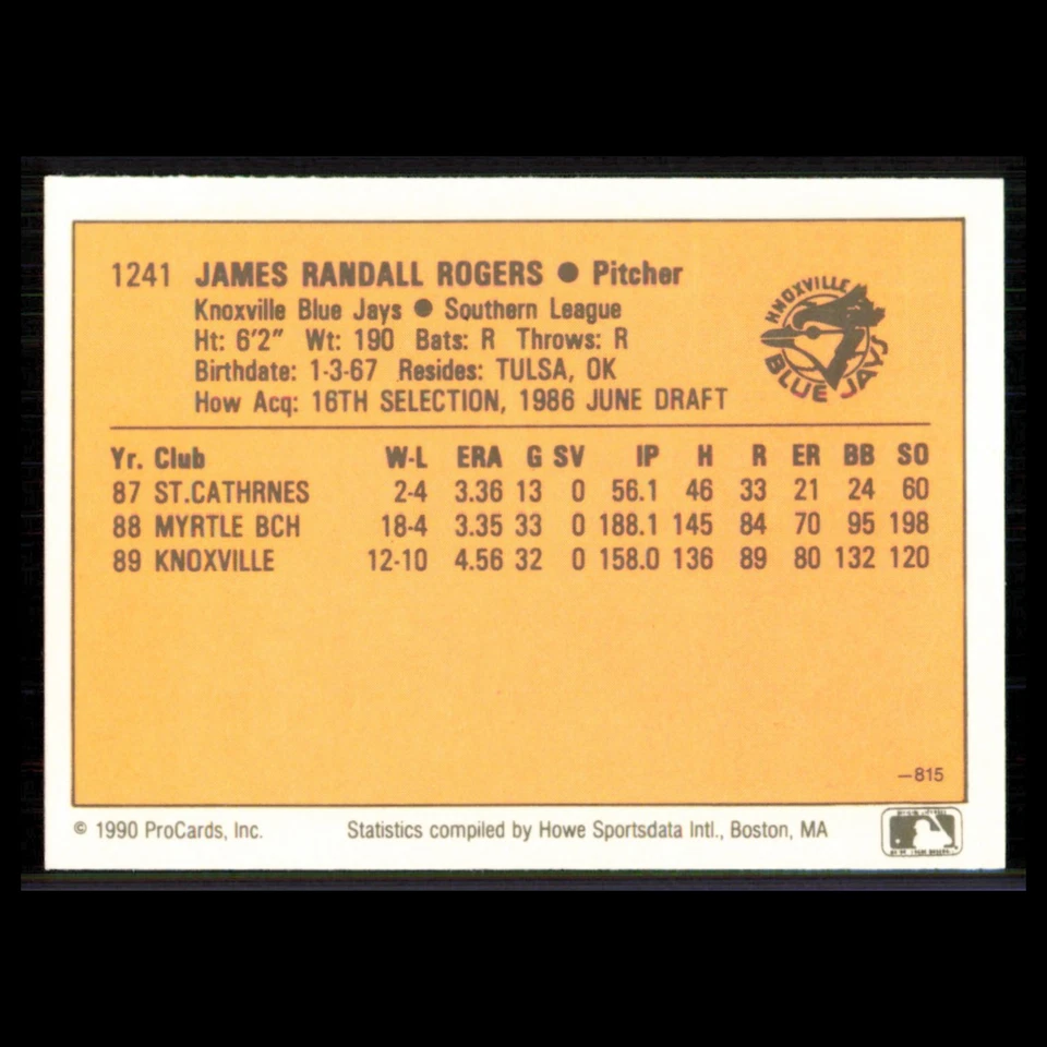 Jimmy Rogers #1241 1990 ProCards Knoxville Blue Jays Baseball Card MLB NM - Image 2 of 3