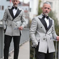 Elegant Men Double Breasted Suit Jacket Satin Peak Lapel Formal Wedding Party