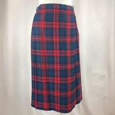 Vintage Womens 30" Kilt Wool Plaid Pleated Wrap Skirt Red Blue Midi UK Trad
