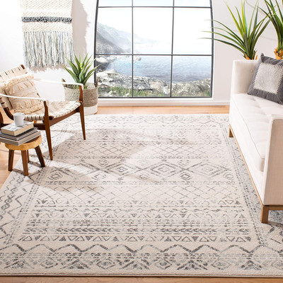 Tulum 9' Square Area Rug - Ivory & Grey Moroccan Boho, Easy Clean Design