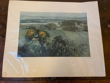 Gorse Standing Stone and Sea Cornwall Dilys Bryon Etching Aquatint
