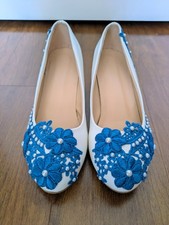 Blue Lace Ivory Beaded Kitten Heels Pump Wedding Bridal Shoes HANDMADE
