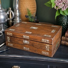 Antique Victorian Campaign Style Rosewood Mother Of Pearl Inlaid Writing Box