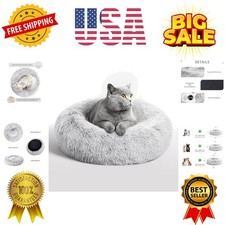 Calming Cat Bed for Indoor Cats, Anti-Anxiety Donut Round Dog Bed, Fluffy Fau...