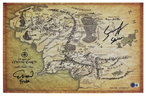 Elijah Wood & Sean Astin LOTR Signed 11x17 Realm of Middle Earth Canvas Map BAS