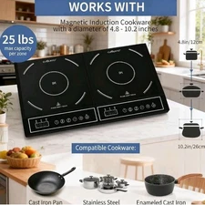 CUISUNYO Dual Induction Cooktop, 1800W Power Sharing Electric Stove (Open Box)