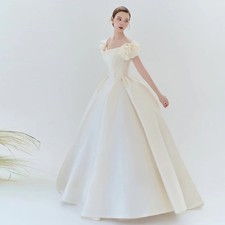 A Line Wedding Dress Scoop Neck Pleats Bridal Gown Floor Length Short Sleeves