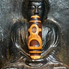 Ancient Tibetan Dzi Beads Old Agate God of Wealth Amulet Pendant 13x39mm 4236