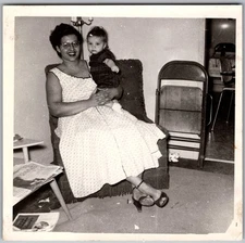 Vintage Snapshot Smiling Woman Sitting With Baby 1950s