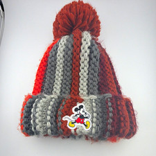 Disney Mickey Mouse Kids Knit Pom Pom Beanie Hat Striped Brown Gray Orange