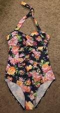One Piece Halter Swimsuit Women Black Floral Excellent Ruched Tropical M