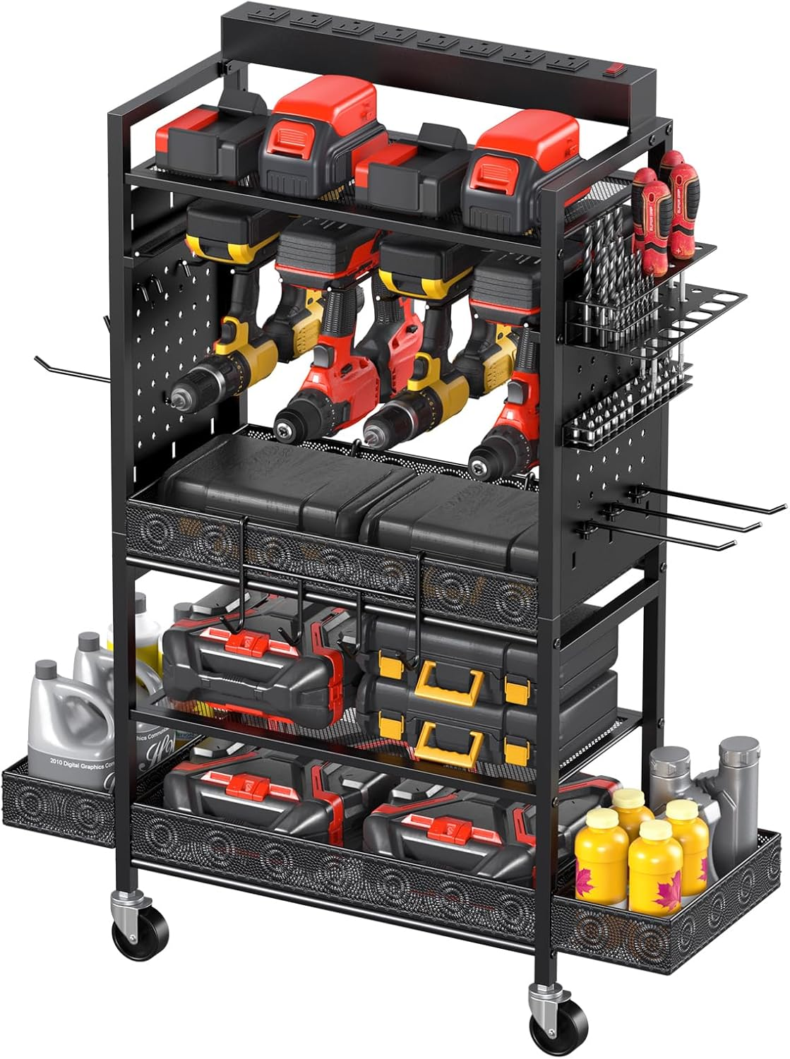 Black Floor Standing Garage Power Tools Organizer Cart with Charging Station-image
