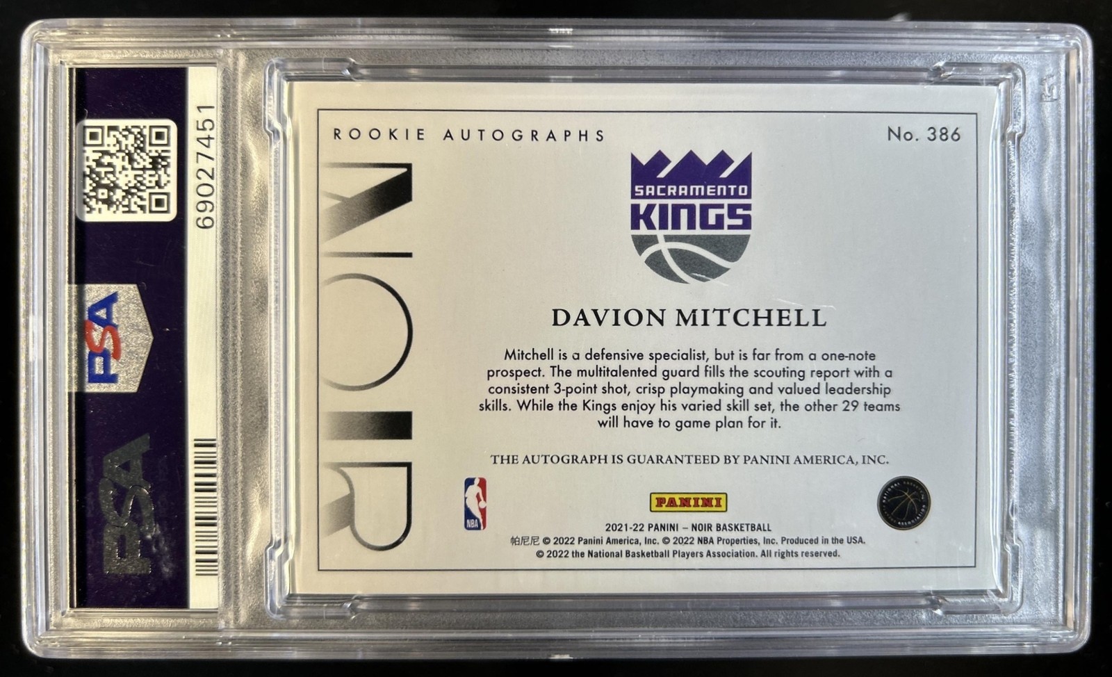 2021-22 Panini Noir Davion Mitchell Rookie RC Auto Autograph #/99 Kings PSA 6 10 view 2