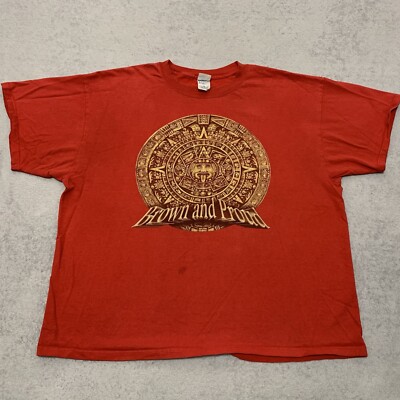 Vintage 90s Aztec Calendar Sun Stone T-Shirt Men s 2XL Red Carving Mayan Tee