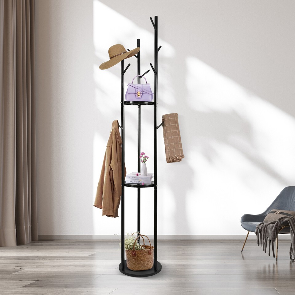 Wooden Coat Rack Stand Free Standing Tree Hanger Hall Coat Hat Rack