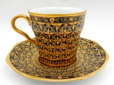THAI BENJARONG ART PORCELAIN HAND-PAINTED ENAMEL TEA CUP AND SAUCER