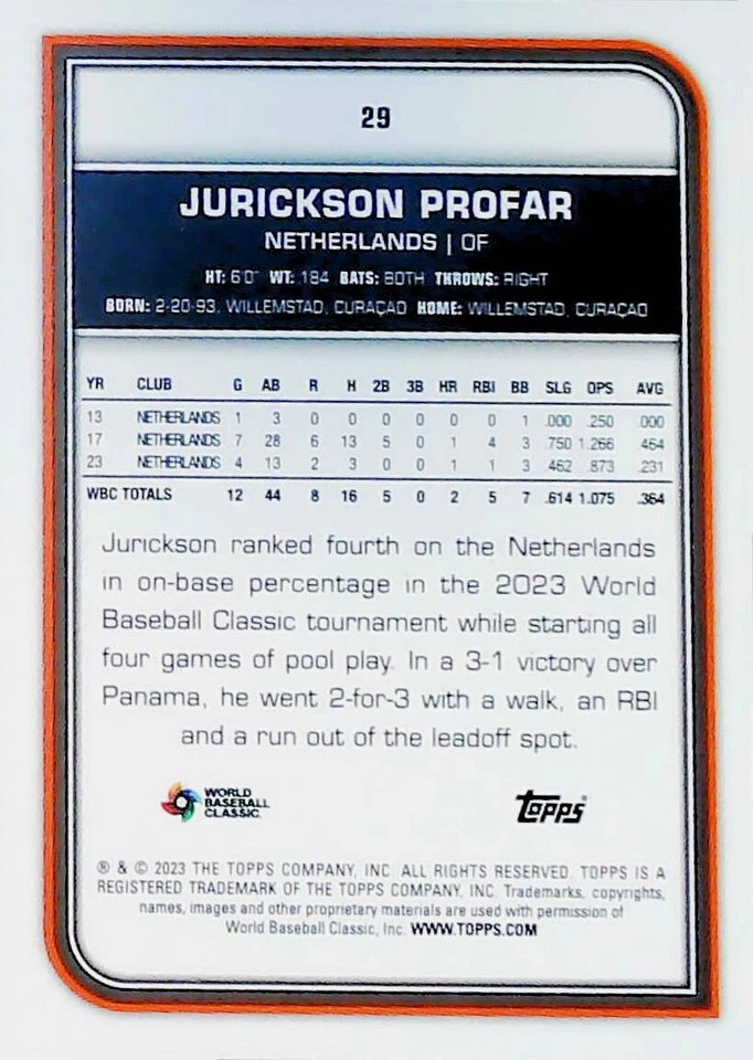 2023 Topps WORLD BASEBALL CLASSIC #29 JURICKSON PROFAR NETHERLANDS /25 ORANGE ⚾ - Image 2 of 2