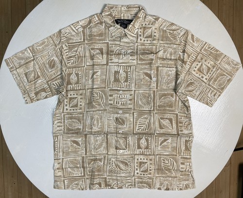 Tori Richard Honolulu Men Large Hawaiian Shirt Tan Leaf Short Sleeve Button Up