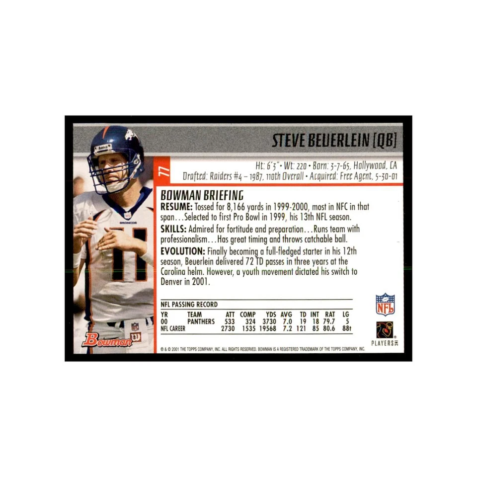 2001 Bowman Steve Beuerlein Football Cards #77 - Image 2 of 3