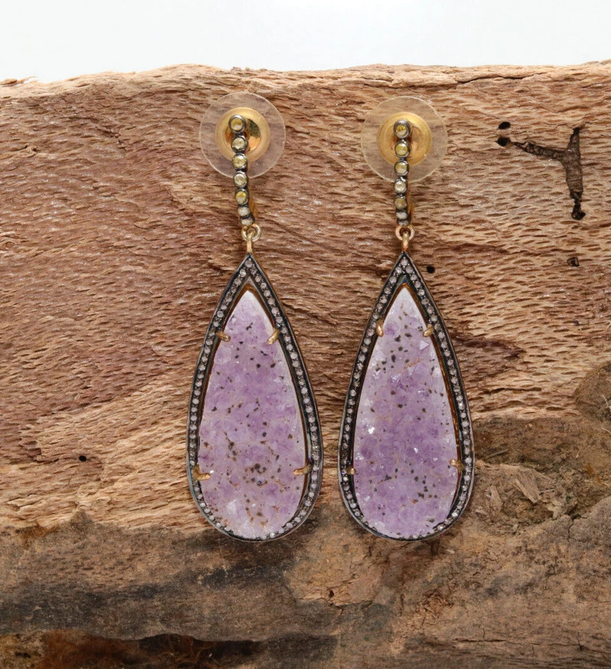 维多利亚风格原始 Geode 手工耳环 925 纯银带钻石 — 第 2/4 张图片