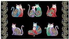 Cat Animal Fabric Paisley Purrfect Catitude Black Cotton Benartex 22"X44" Panel