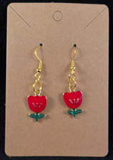 Red Three Petal Flower Earrings - Dangle - Gold Hook - Handmade - Valentine - F