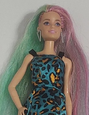 Barbie June Doll Shaved Leopard Rainbow Hair Brown Eyes OOAK Cheetah Dress Earin