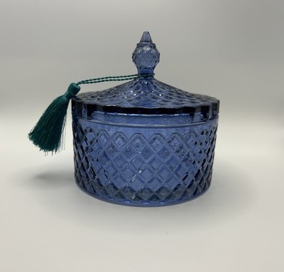 Embossed Blue Diamond Pattern Apothecary Jar Candy Vanity Dish with Lid