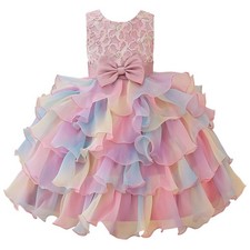 Girl Rainbow Birthday Dress Princess Ruffle Tulle Tutu Gown for Wedding Pagea...