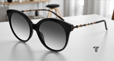 GUCCI GG0653S 001 Round Oval Black Black Gold Grey 55 mm Women's Sunglasses