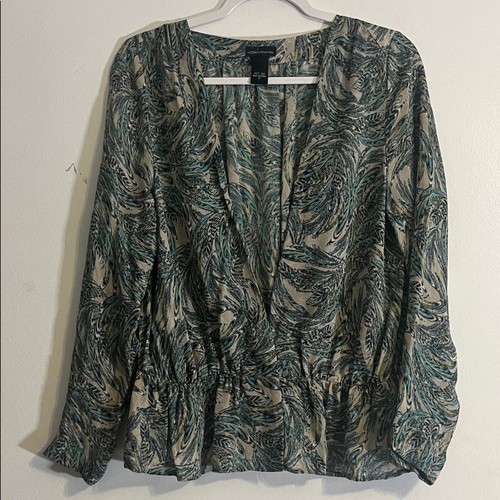 Moda International Green and Cream Patterned Blouse V neck