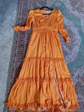 BTFL-life size S Orange Rayon Full Length Prairie Style Dress Long Sleeve