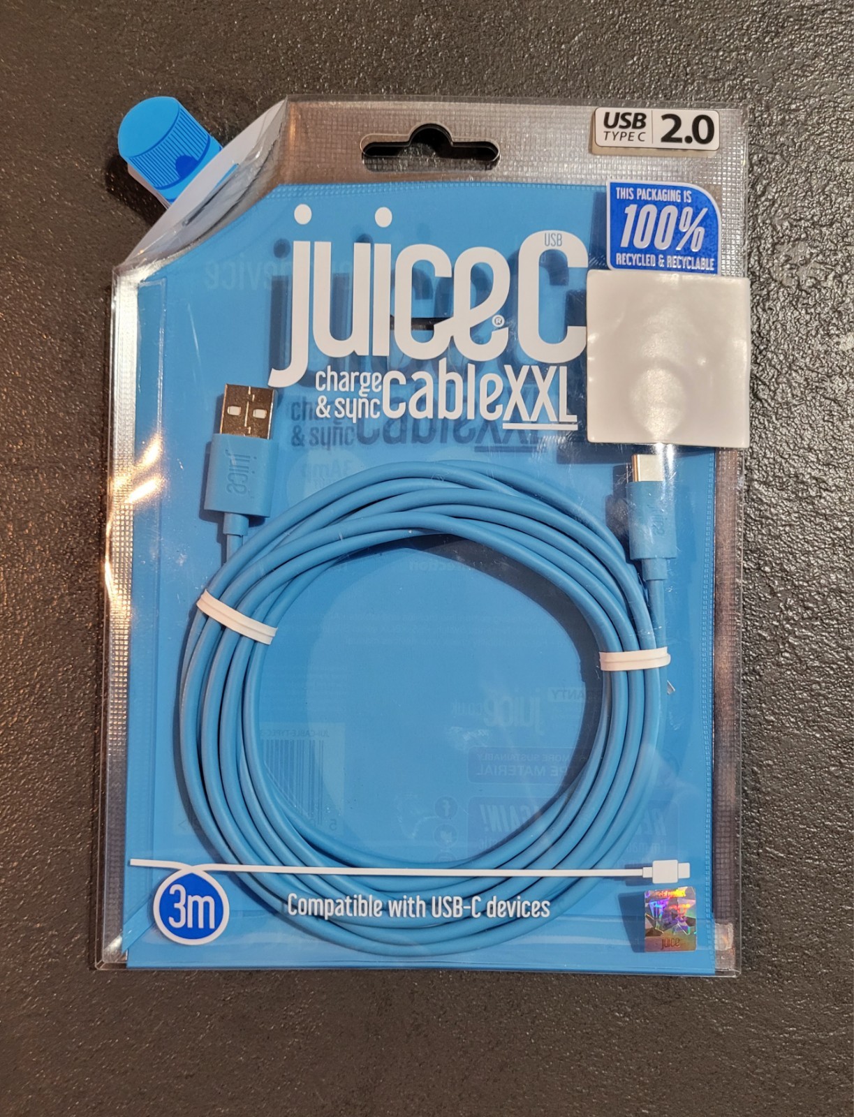 Juice C XXL Charge & Sync Cable. 3m. Blue. USB-A to USB-C. Universal.3Amp output