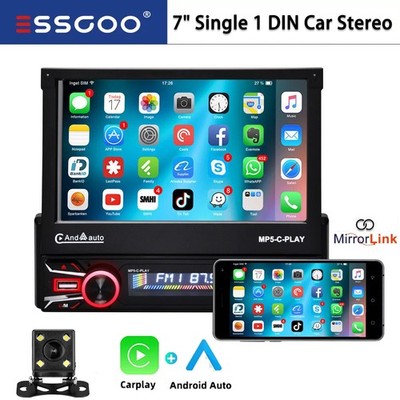 7'' Single 1 DIN Car Stereo Flip Out Touch Screen Radio Carplay MP5 USB +Cam BT