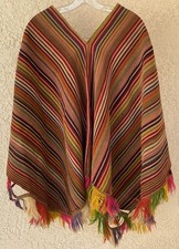 Vintage Handwoven Andean Poncho Ruana Worn Multicolor Fringe Unisex