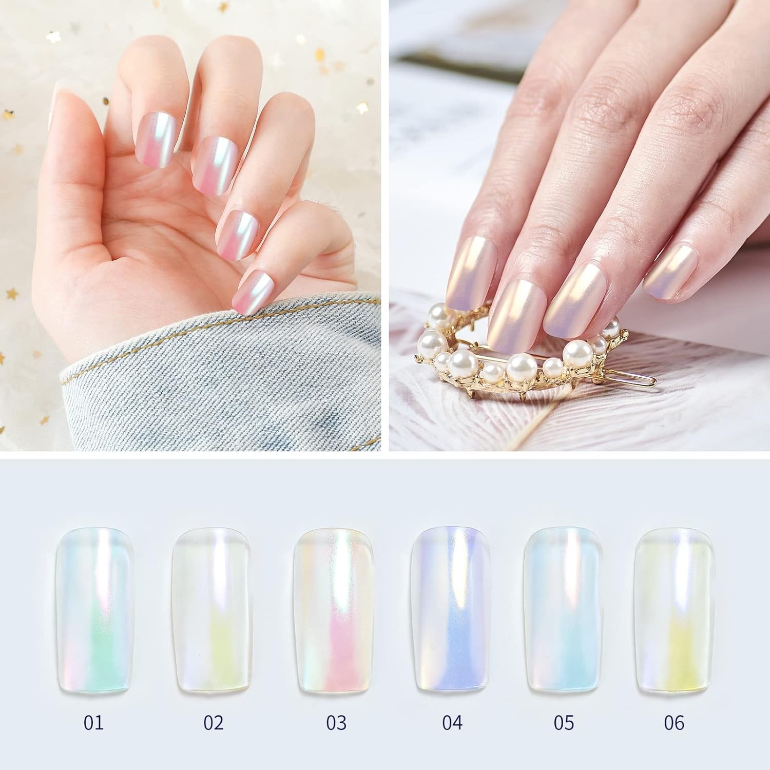 Artdone 6pcs Chrome Nail Powder White Pearl Unicorn Aurora powder 