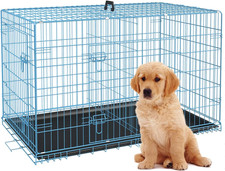 24" Foldable Metal Dog Crate Small Dogs Double Door Divider Blue Tray