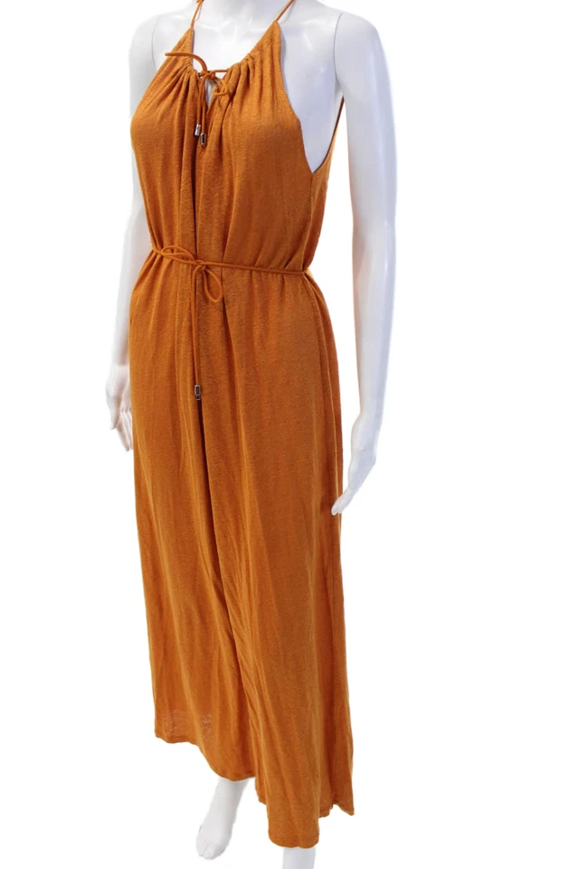 Maxi vestido sin mangas Ninety Percent para mujer naranja lino cordón talla S Foto 2 de 4