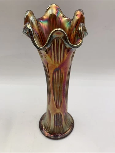 MCM Fenton Diamond Rib Amethyst Carnival Glass Mid Century Vintage Swung Vase