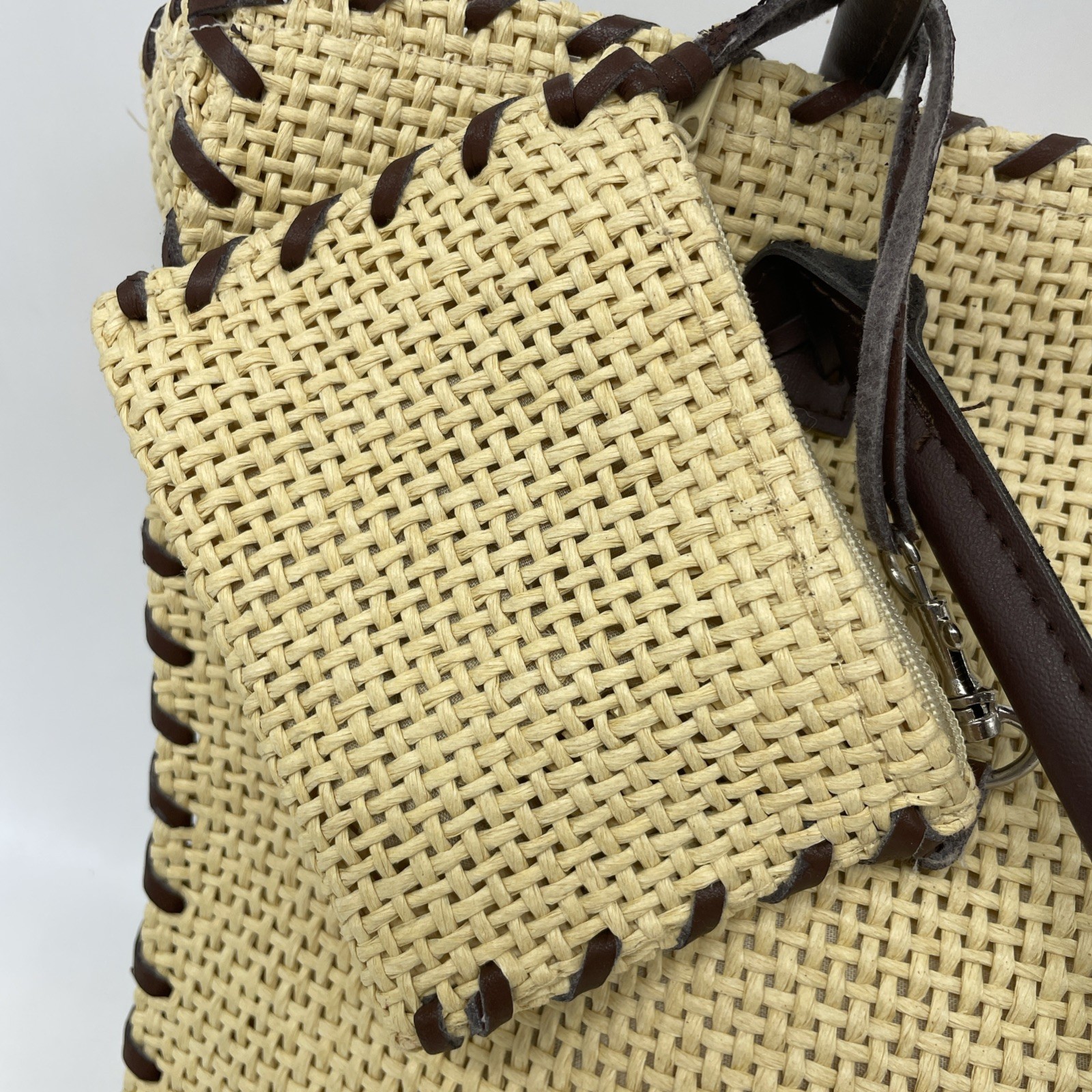 Sun N Sand Beach Tote With Wallet Straw Basket Weave Snap Bag 14” By 11” READ