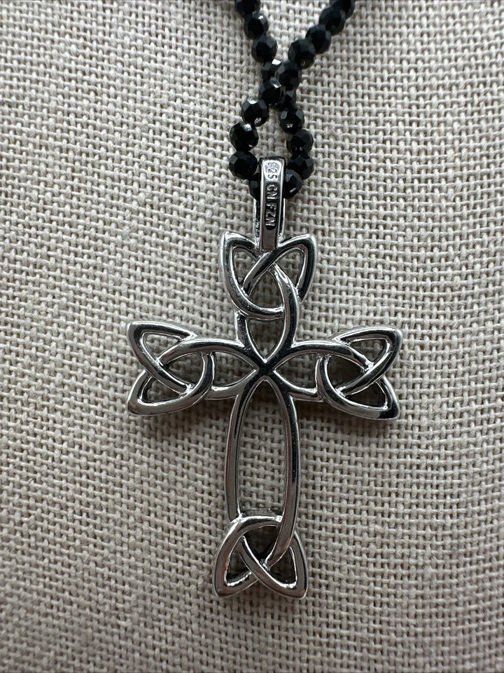 "Precioso collar cruz de plata esterlina espinela negra 24"" firmado FZN 925" Foto 2 de 4