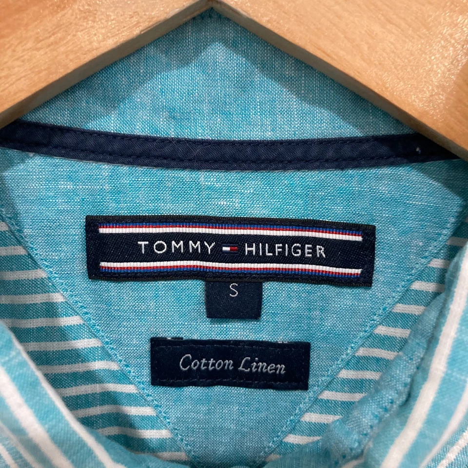 Tommy Hilfiger Shirt Mens Size Small Cotton Linen Blue Striped Long Sleeve 38330 - image 4 of 4
