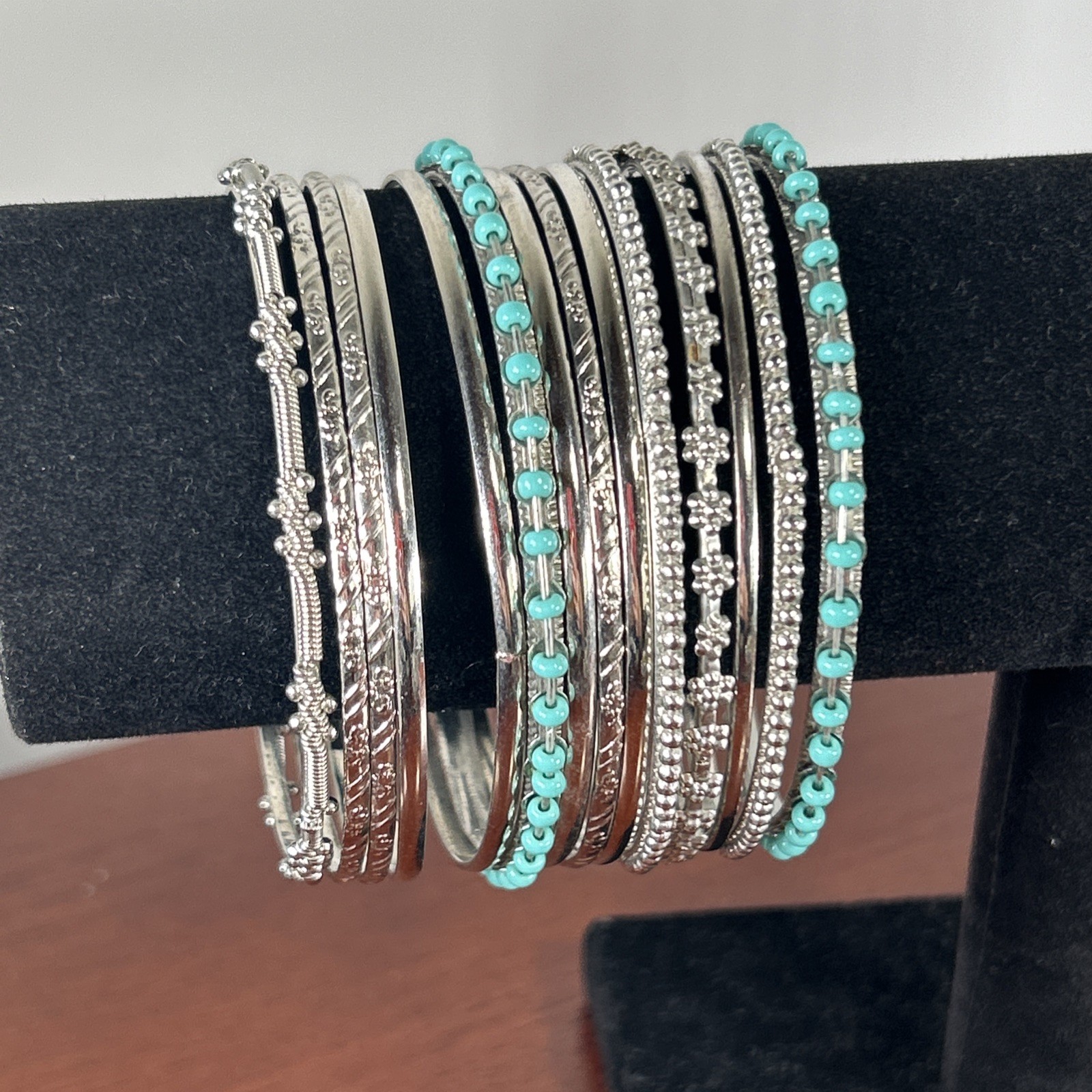 Silver Tone Stackable Metal Bangles Bracelets Tex… - image 2