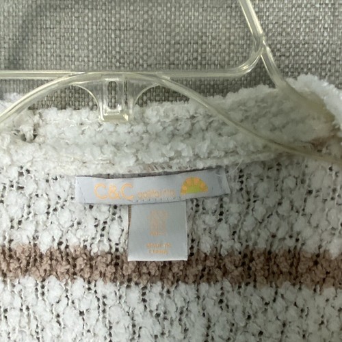 C&C California Cardigan Sweater Womens S White Striped Boucle Pockets Open - Picture 2 of 8